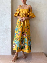 Marigold bedrucktes A-Linien-Midikleid mit gerafften Ärmeln und Taschen